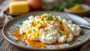 Biorę serek wiejski i 2 jajka. Po chwili mam pyszne, wysokobiałkowe śniadanie