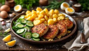 Kotlety mielone z jajkiem, ziemniaki dauphine i świeża sałatka z ogórków