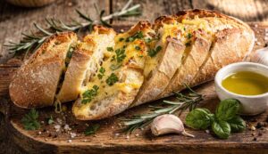 Domowy chleb czosnkowy z dojrzałym serem i świeżymi ziołami: najlepsza przekąska na spotkania