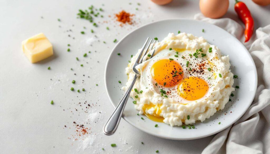 Biorę serek wiejski i 2 jajka. Po chwili mam smaczne, wysokobiałkowe śniadanie