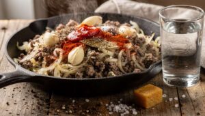 Pyszne danie na patelnię z białą kapustą i mięsem mielonym