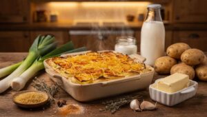 Pieczona zapiekanka z porami i ziemniakami – ciepły komfort prosto z piekarnika