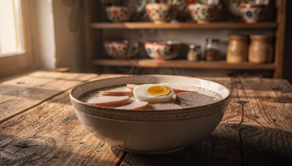 Na Śląsku do żurku dodają białą kiełbasę i jajko. Porcja ma 30 g białka