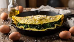 Biorę 3 jajka i szpinak, wlewam na patelnię. Wiosenny omlet gotowy w 4 minuty